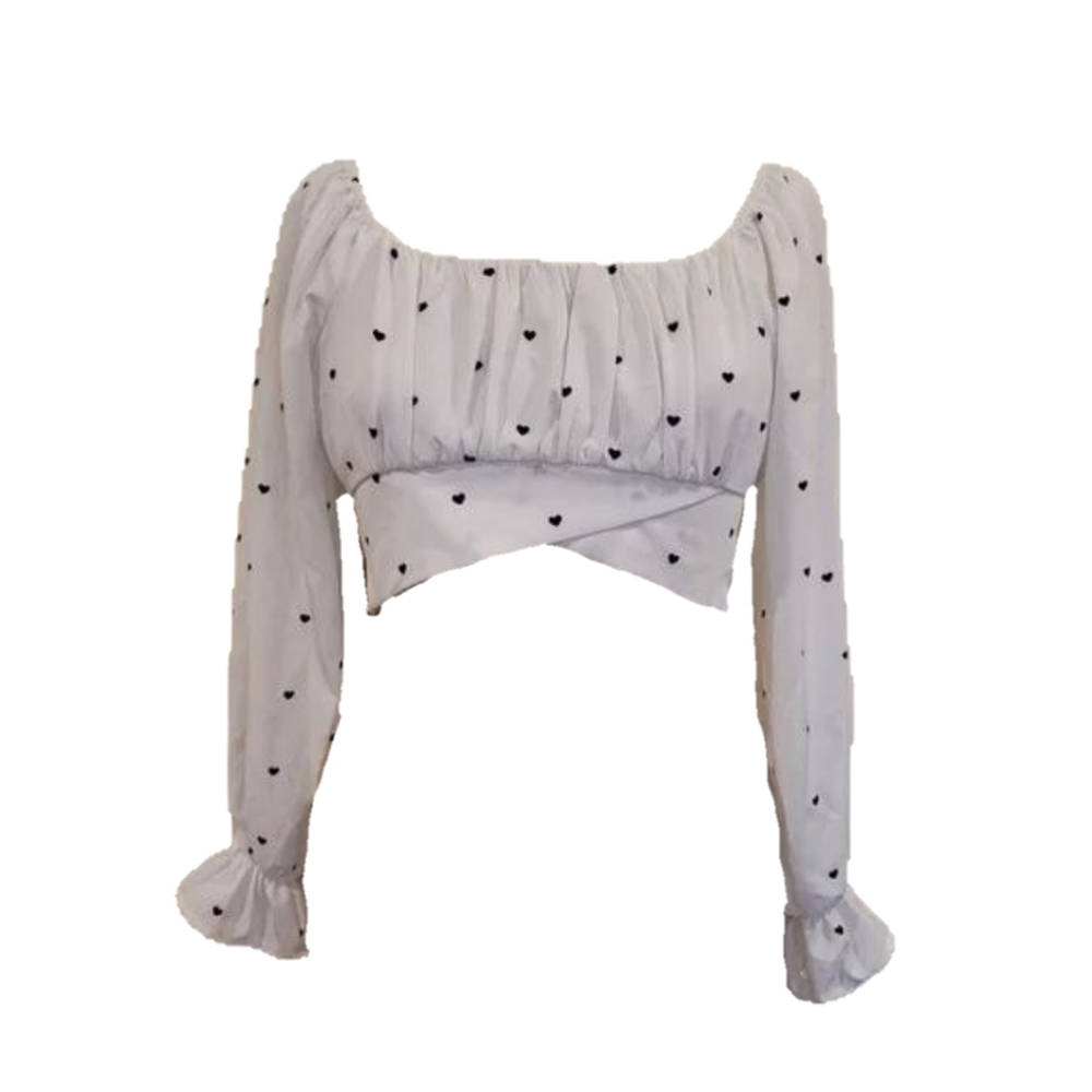 Milk & Honey Blouse White Heart Pattern Long puff Sleeve Crop Top